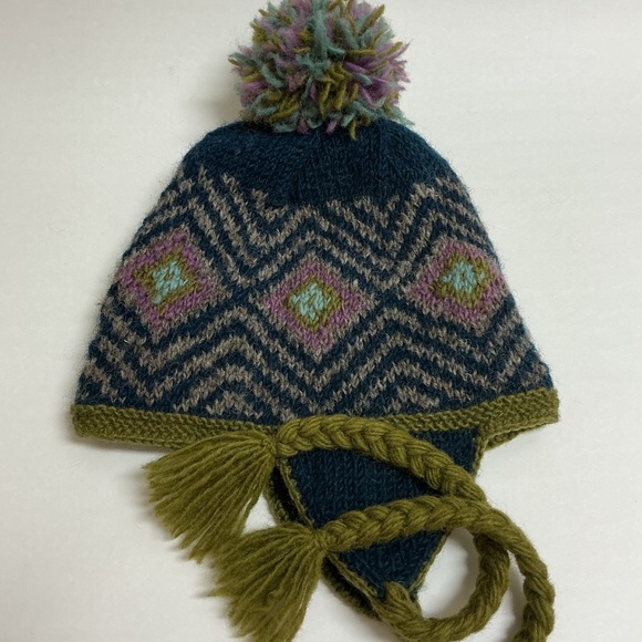 Nepal Chullo 100% Wool Hat Pom Braid Handmade Fleece Liner Knit Ski Cap Vintage - Picture 3 of 13